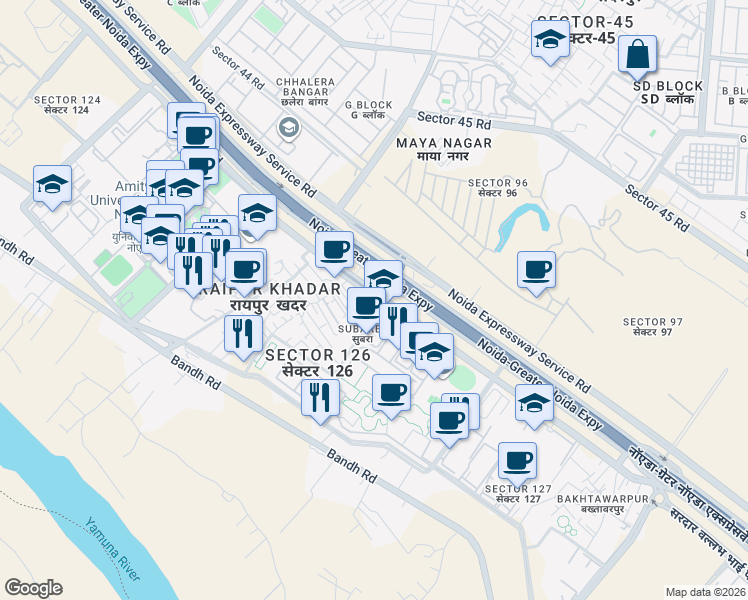 map of restaurants, bars, coffee shops, grocery stores, and more near Noida-Greater Noida Expressway in Noida