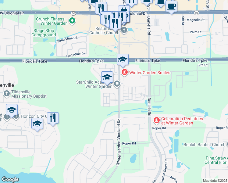 map of restaurants, bars, coffee shops, grocery stores, and more near 1330 County Road 535 in Winter Garden