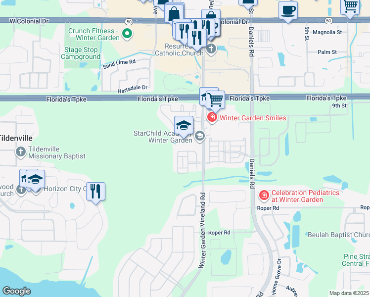 map of restaurants, bars, coffee shops, grocery stores, and more near 13855 Golden Russet Drive in Winter Garden