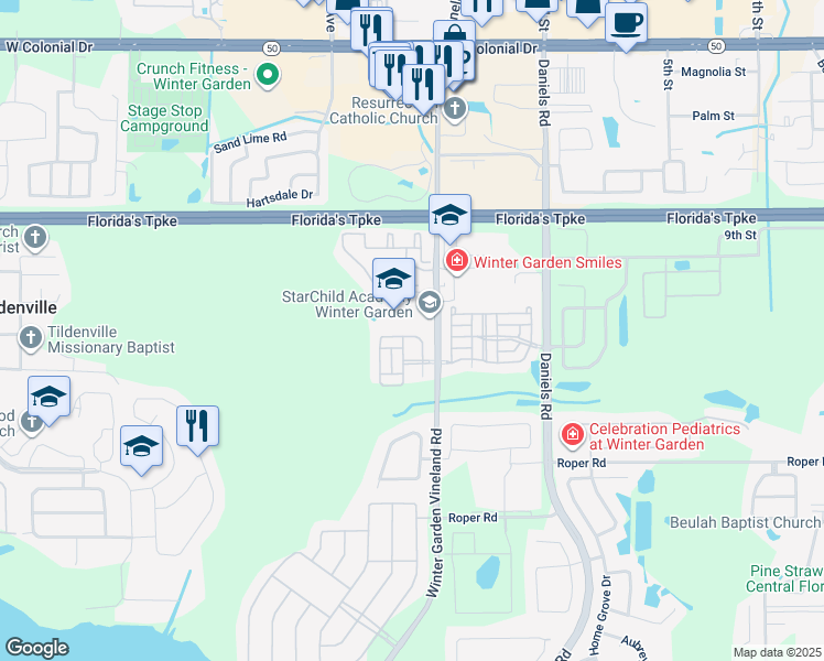 map of restaurants, bars, coffee shops, grocery stores, and more near 13807 Golden Russet in Winter Garden