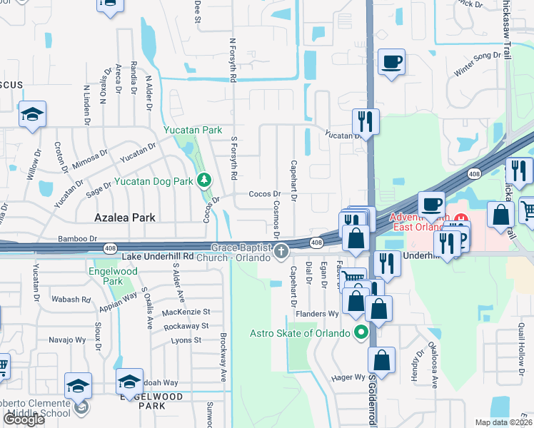map of restaurants, bars, coffee shops, grocery stores, and more near 6710 Cocos Drive in Orlando