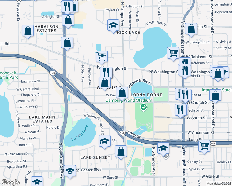 map of restaurants, bars, coffee shops, grocery stores, and more near 2025 West Central Boulevard in Orlando