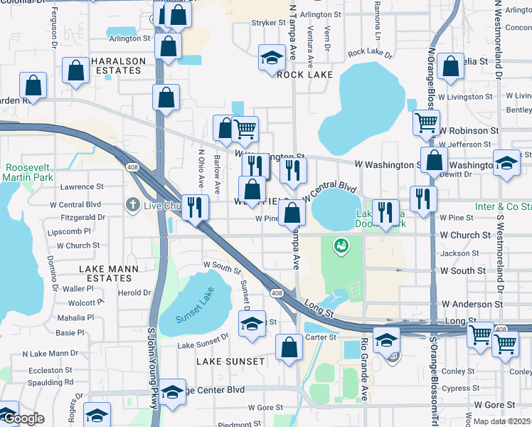 map of restaurants, bars, coffee shops, grocery stores, and more near 2115 West Central Boulevard in Orlando