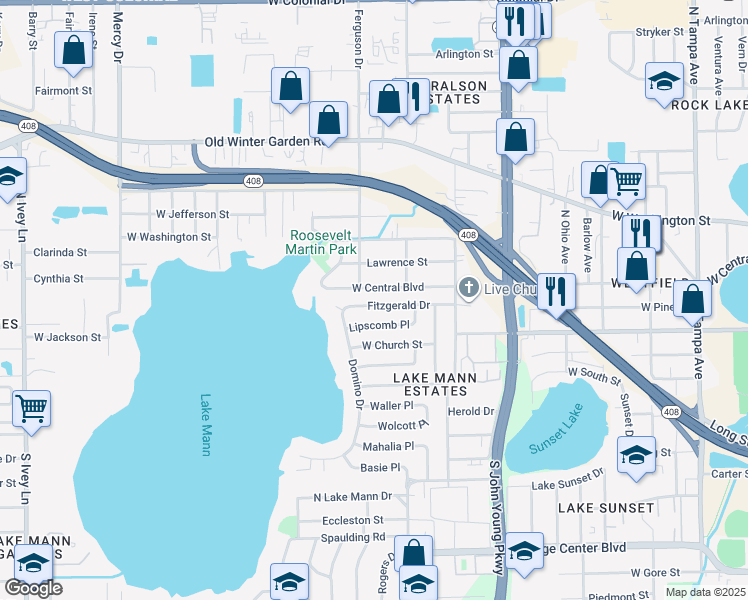 map of restaurants, bars, coffee shops, grocery stores, and more near 3425 West Central Boulevard in Orlando