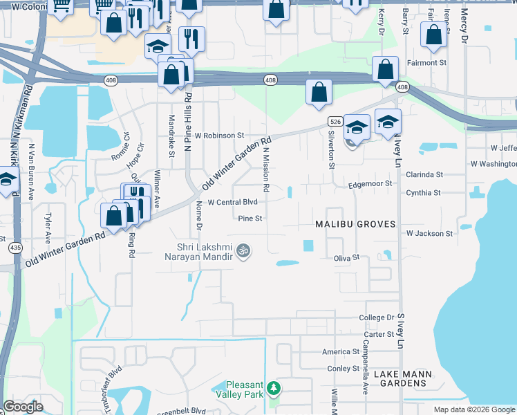 map of restaurants, bars, coffee shops, grocery stores, and more near 19 South Mission Road in Orlando