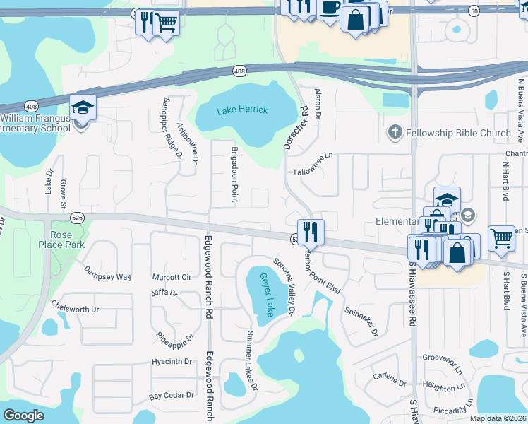 map of restaurants, bars, coffee shops, grocery stores, and more near 7460 Herricks Loop in Orlando
