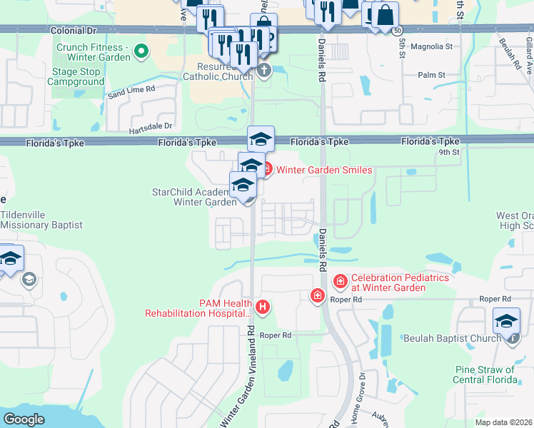 map of restaurants, bars, coffee shops, grocery stores, and more near 13345 Harbor Shore Lane in Winter Garden