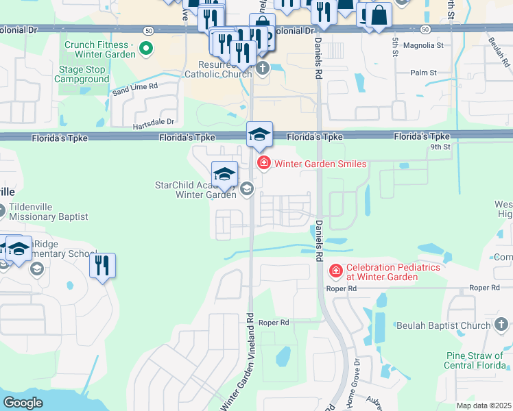 map of restaurants, bars, coffee shops, grocery stores, and more near 13539 Daniels Landing Circle in Winter Garden