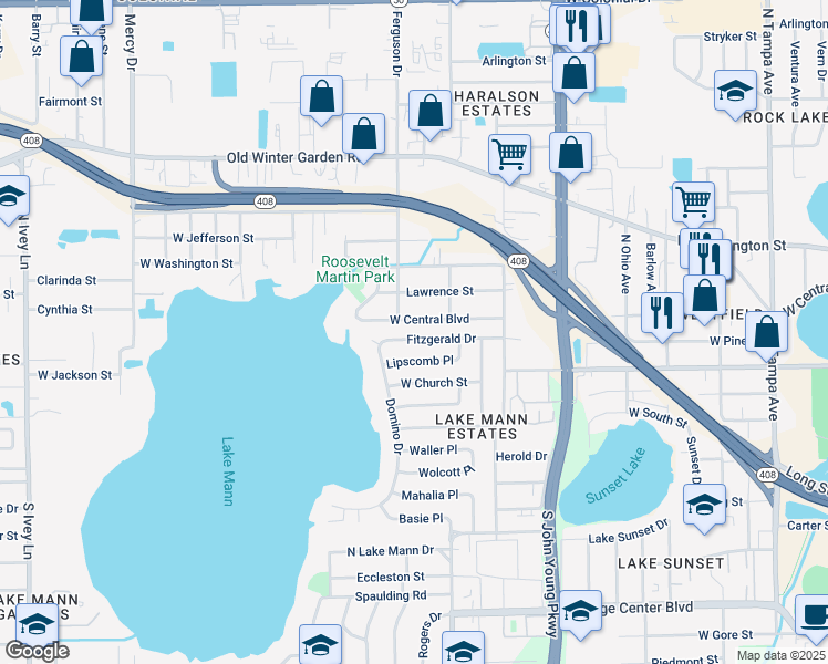 map of restaurants, bars, coffee shops, grocery stores, and more near 3425 West Central Boulevard in Orlando