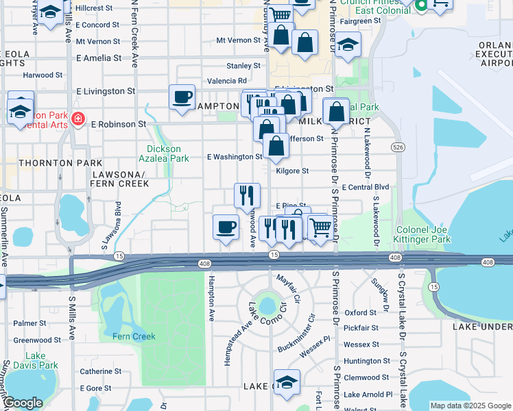 map of restaurants, bars, coffee shops, grocery stores, and more near 2306 East Central Boulevard in Orlando