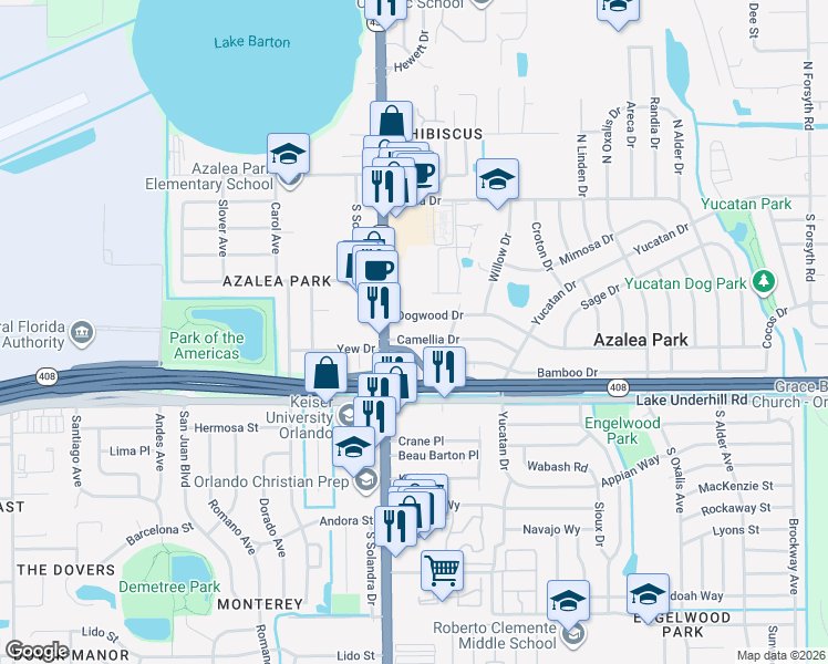 map of restaurants, bars, coffee shops, grocery stores, and more near 5739 Dogwood Drive in Orlando