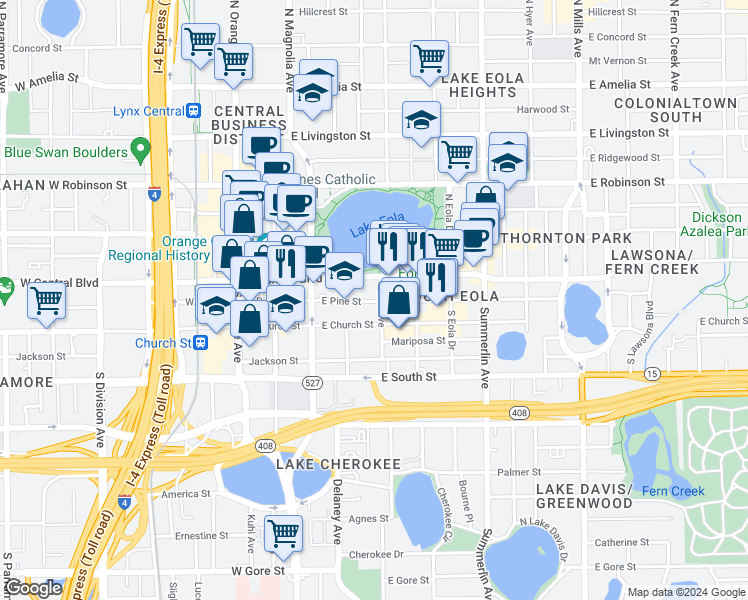 map of restaurants, bars, coffee shops, grocery stores, and more near in Orlando