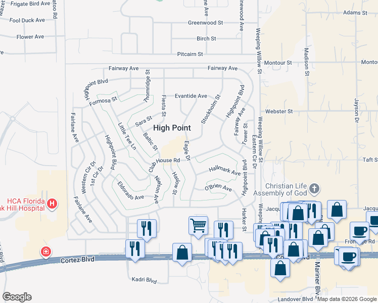 map of restaurants, bars, coffee shops, grocery stores, and more near 7528 Eagle Drive in Brooksville