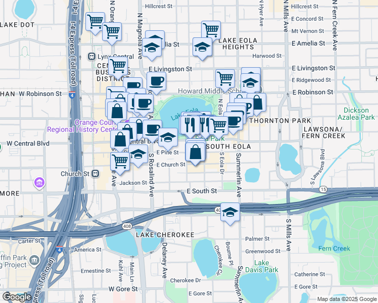 map of restaurants, bars, coffee shops, grocery stores, and more near in Orlando