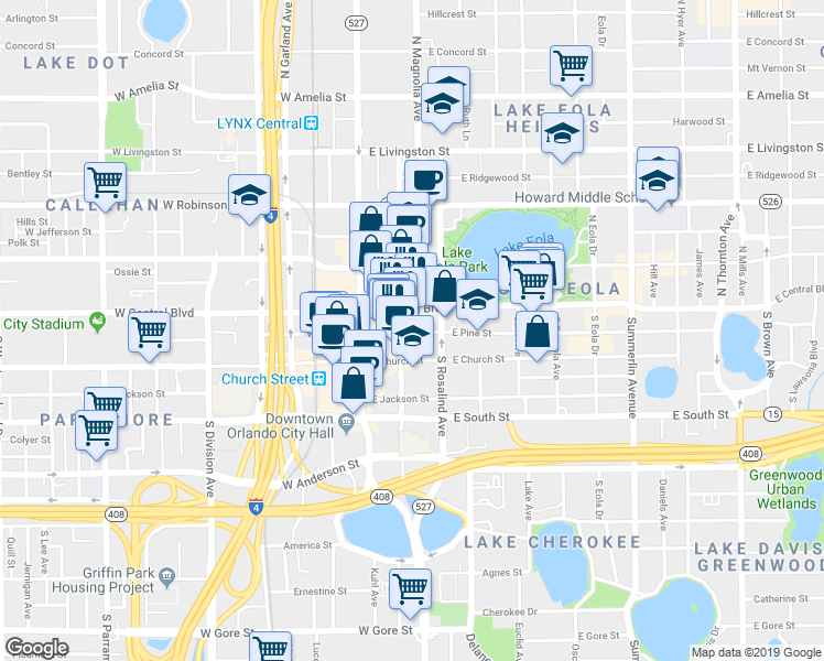 map of restaurants, bars, coffee shops, grocery stores, and more near in Orlando