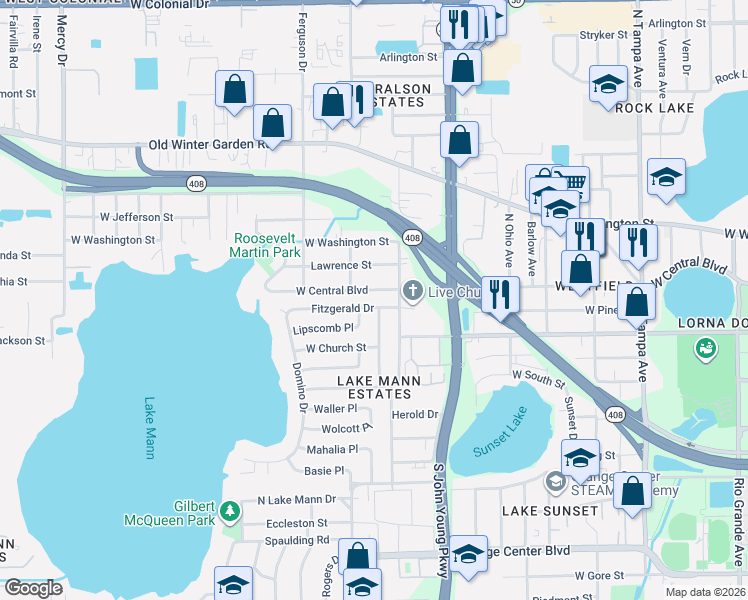 map of restaurants, bars, coffee shops, grocery stores, and more near 3187 West Central Boulevard in Orlando