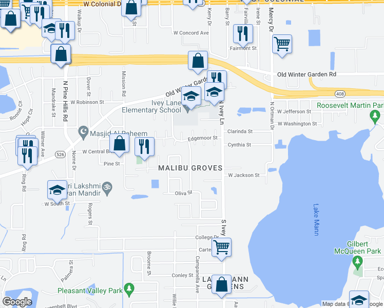 map of restaurants, bars, coffee shops, grocery stores, and more near 4508 Edgemoor Street in Orlando
