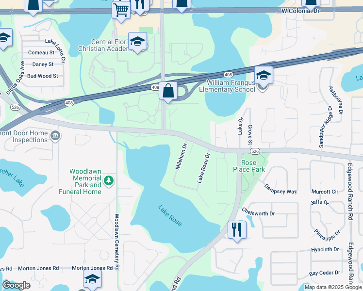 map of restaurants, bars, coffee shops, grocery stores, and more near 8612 Old Winter Garden Road in Orlando