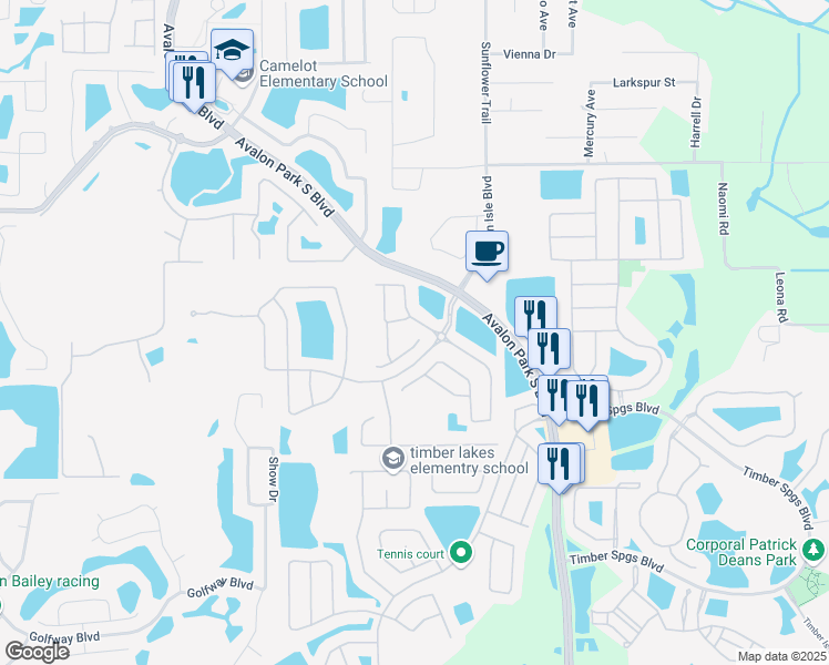 map of restaurants, bars, coffee shops, grocery stores, and more near 15277 Windmill Harbor Court in Orlando