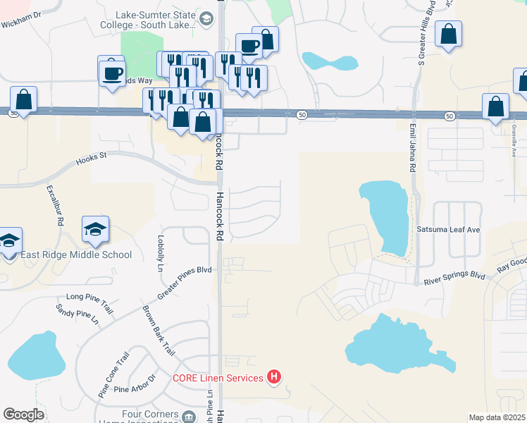 map of restaurants, bars, coffee shops, grocery stores, and more near 2712 Sunbury Street in Clermont