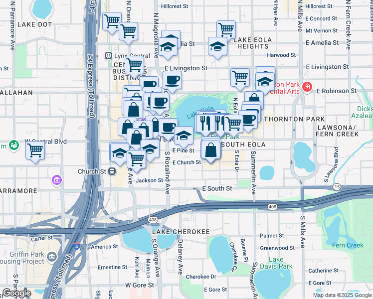 map of restaurants, bars, coffee shops, grocery stores, and more near 301 East Pine Street in Orlando