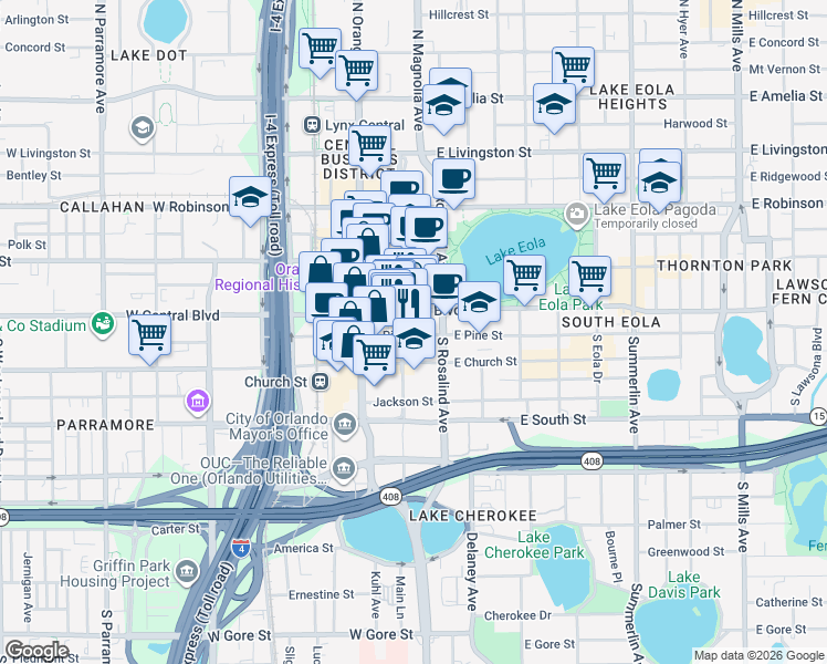 map of restaurants, bars, coffee shops, grocery stores, and more near 150 East Central Boulevard in Orlando