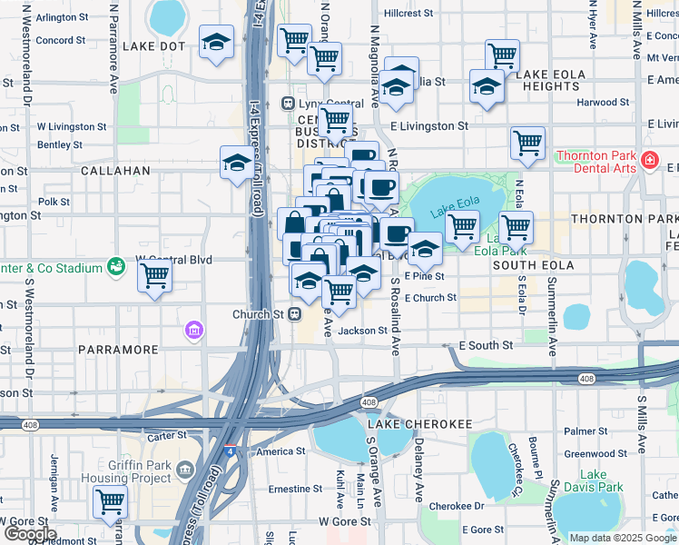 map of restaurants, bars, coffee shops, grocery stores, and more near 69 East Pine Street in Orlando