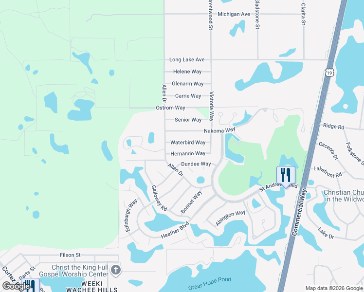 map of restaurants, bars, coffee shops, grocery stores, and more near 9011 Waterbird Way in Spring Hill