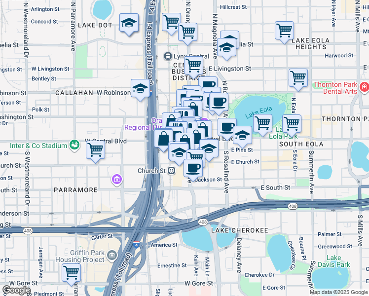 map of restaurants, bars, coffee shops, grocery stores, and more near 1 South Orange Avenue in Orlando