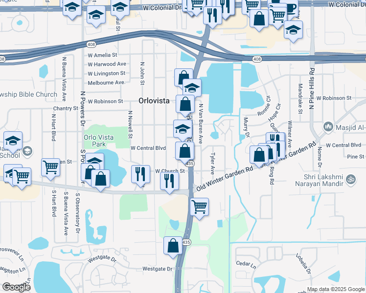 map of restaurants, bars, coffee shops, grocery stores, and more near 3 North Hastings Street in Orlando
