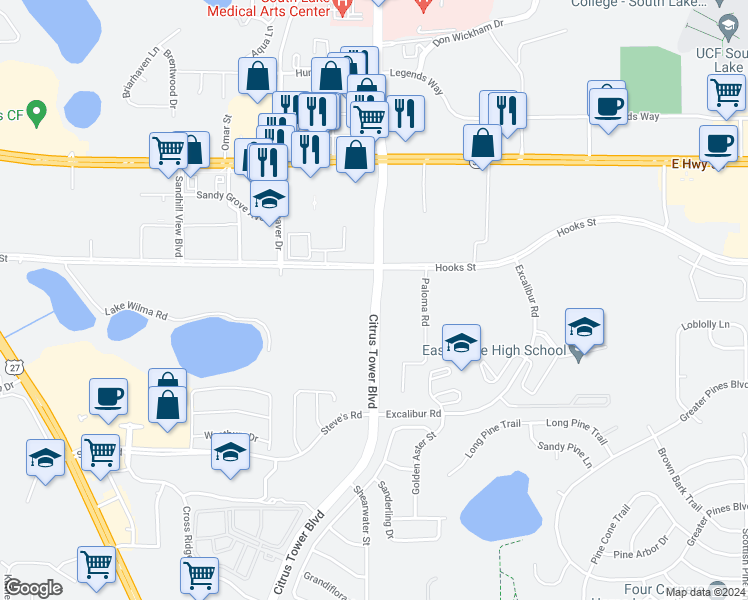 map of restaurants, bars, coffee shops, grocery stores, and more near Citrus Tower Boulevard in Clermont