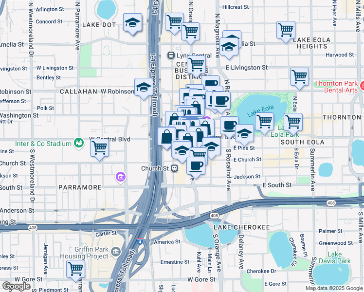 map of restaurants, bars, coffee shops, grocery stores, and more near in Orlando