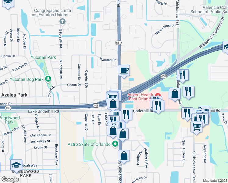 map of restaurants, bars, coffee shops, grocery stores, and more near 216 South Goldenrod Road in Orlando