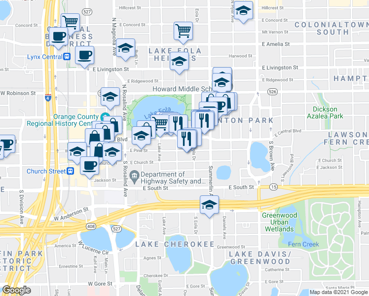 map of restaurants, bars, coffee shops, grocery stores, and more near 500 East Central Boulevard in Orlando
