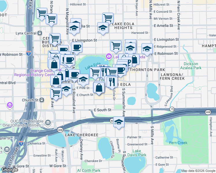 map of restaurants, bars, coffee shops, grocery stores, and more near 500 East Central Boulevard in Orlando