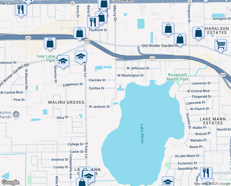 map of restaurants, bars, coffee shops, grocery stores, and more near 4200 Cynthia Street in Orlando