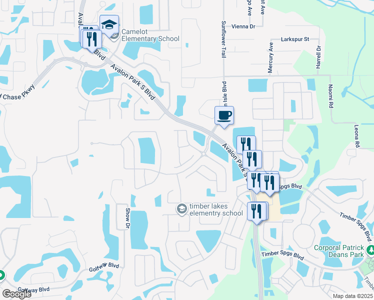 map of restaurants, bars, coffee shops, grocery stores, and more near 15042 Bellinkoff Lane in Orlando
