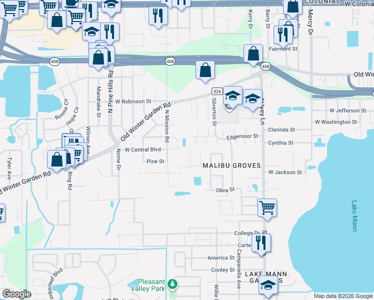 map of restaurants, bars, coffee shops, grocery stores, and more near 4 Channing Avenue in Orlando