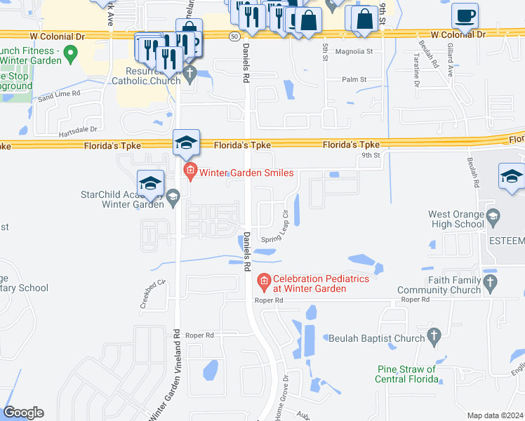 map of restaurants, bars, coffee shops, grocery stores, and more near 530 Spring Leap Circle in Winter Garden