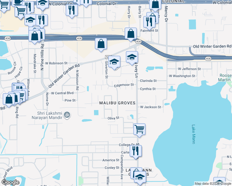 map of restaurants, bars, coffee shops, grocery stores, and more near 6 Fanfair Avenue in Orlando