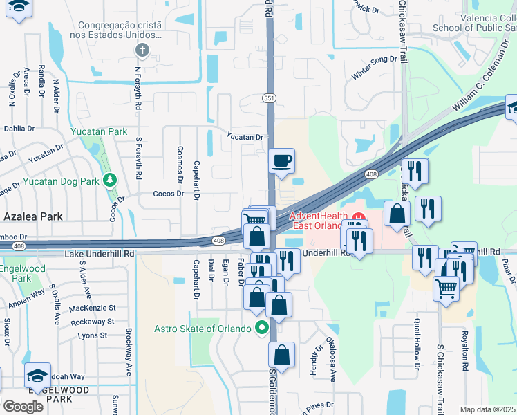 map of restaurants, bars, coffee shops, grocery stores, and more near 216 South Goldenrod Road in Orlando