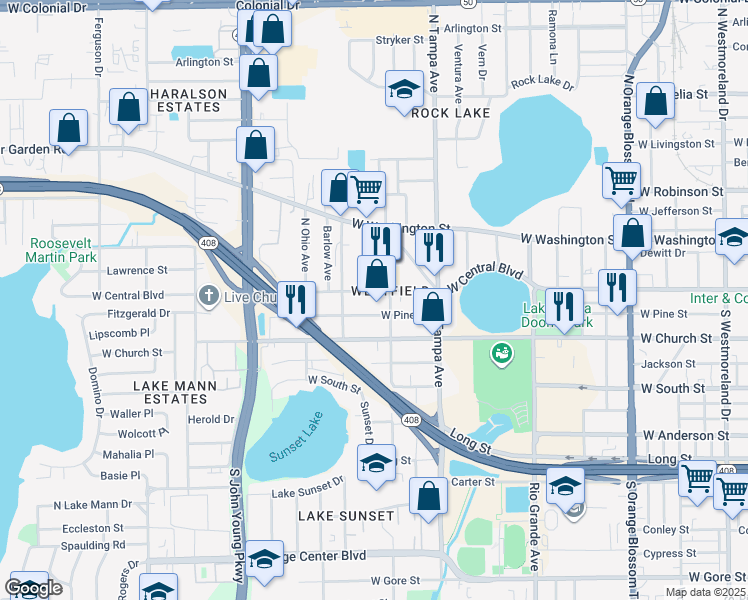 map of restaurants, bars, coffee shops, grocery stores, and more near 2115 West Central Boulevard in Orlando