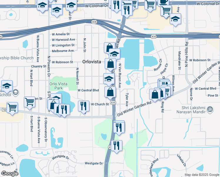 map of restaurants, bars, coffee shops, grocery stores, and more near 3 North Hastings Street in Orlando