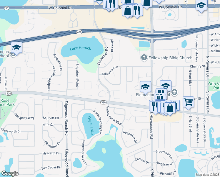 map of restaurants, bars, coffee shops, grocery stores, and more near 7262 Cherry Laurel Drive in Orlando