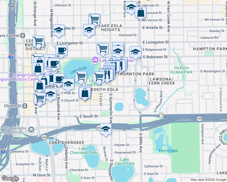 map of restaurants, bars, coffee shops, grocery stores, and more near 705 East Pine Street in Orlando