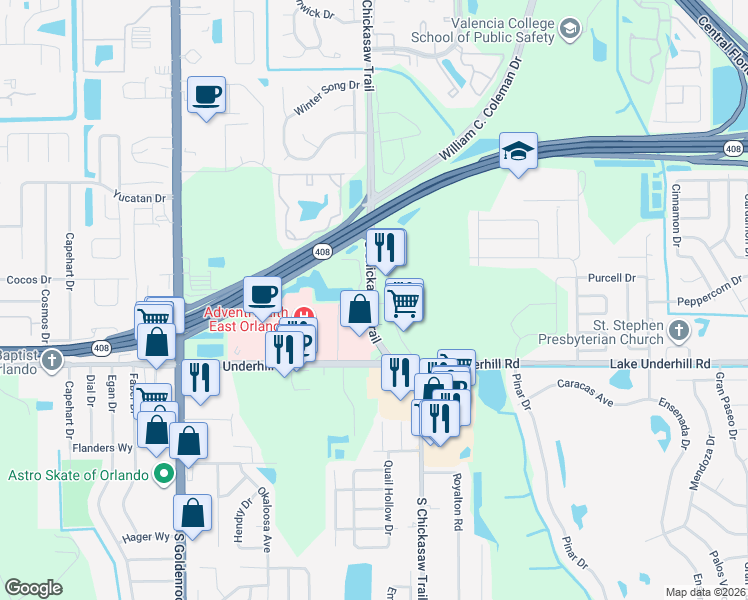 map of restaurants, bars, coffee shops, grocery stores, and more near 222 Neighborhood Market Road in Orlando