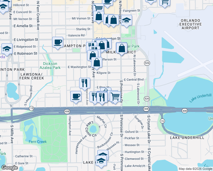 map of restaurants, bars, coffee shops, grocery stores, and more near 2604 East Central Boulevard in Orlando