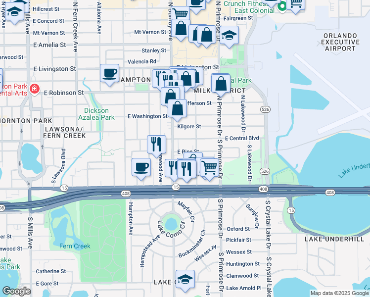 map of restaurants, bars, coffee shops, grocery stores, and more near 2420 East Central Boulevard in Orlando