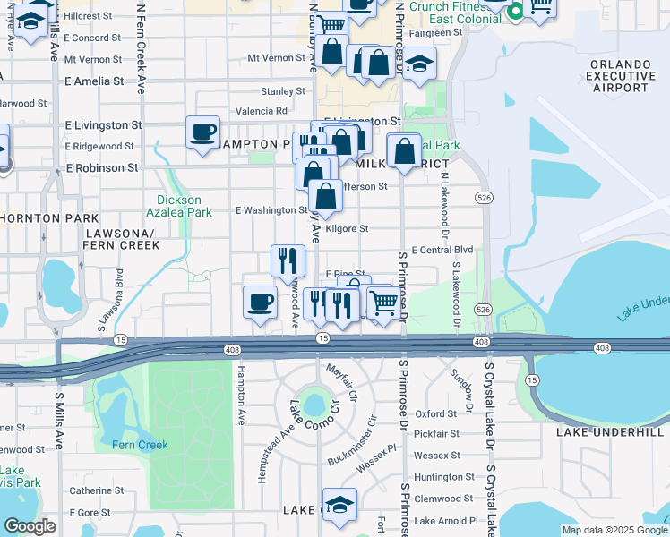 map of restaurants, bars, coffee shops, grocery stores, and more near 2420 East Central Boulevard in Orlando