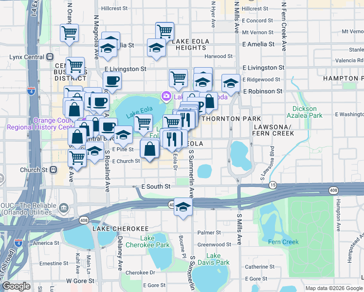 map of restaurants, bars, coffee shops, grocery stores, and more near in Orlando